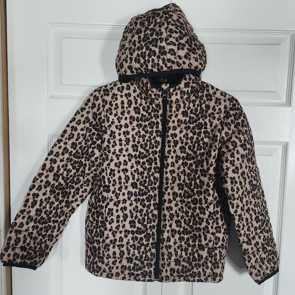 Gap Leopard Zip Hood Recycled Polyester Puffer Cold Control Jacket Girls L